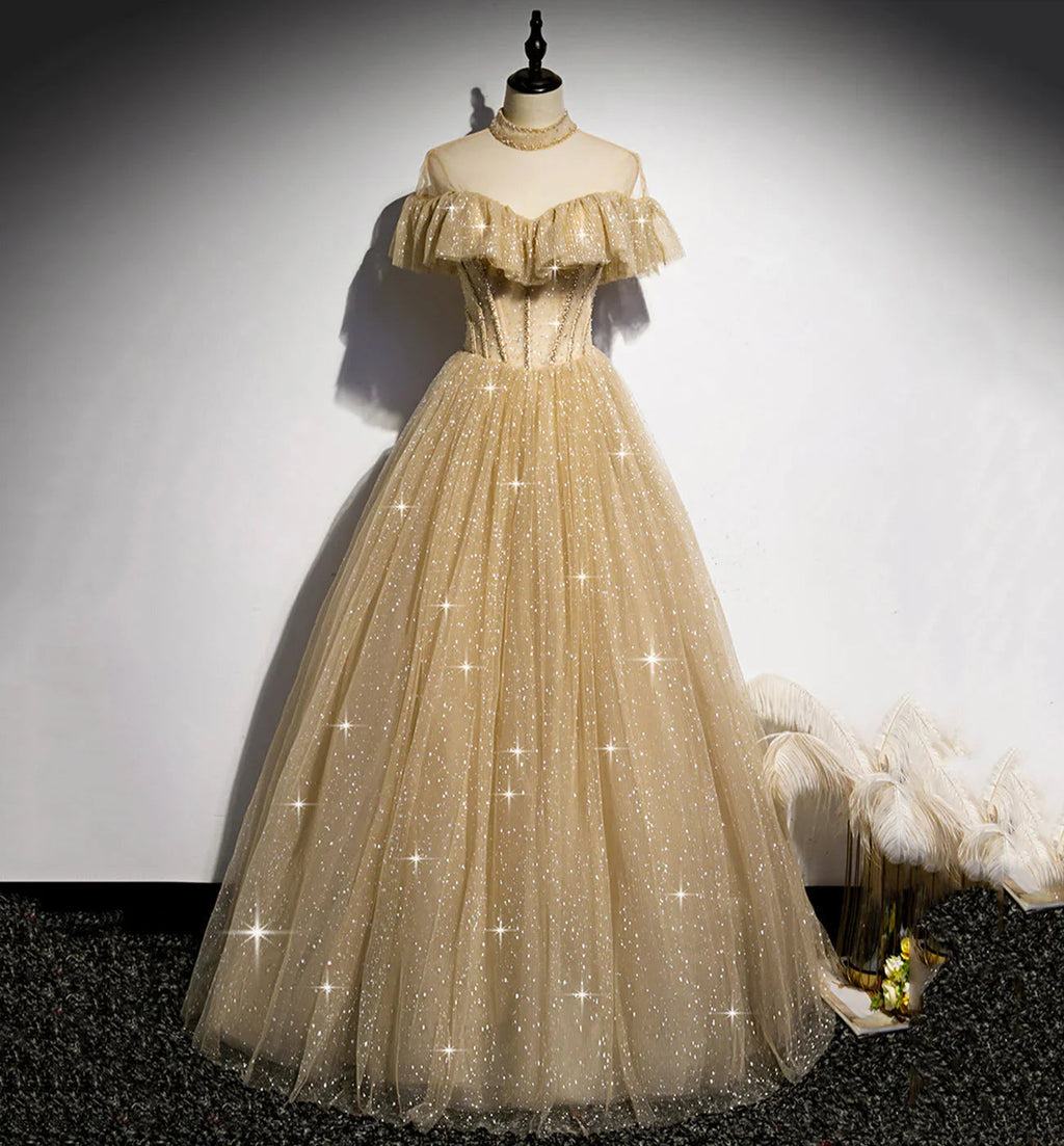 Gold A line sequins long ball gown dress formal dress s78