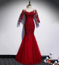 Burgundy lace long prom dress mermaid evening dress s110