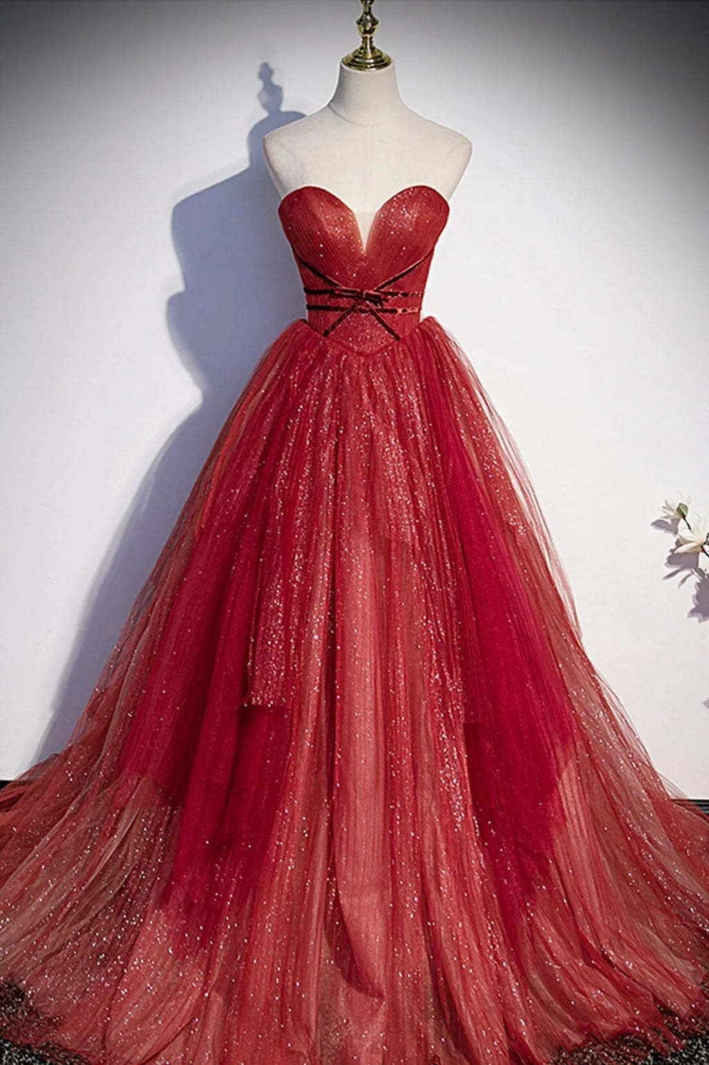 Burgundy tulle sequins long prom dress A line evening gown s55