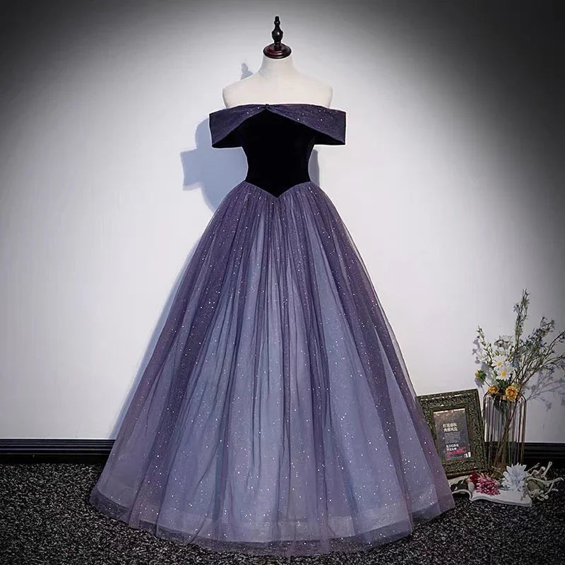 Purple tulle long prom dress A line evening gown s66