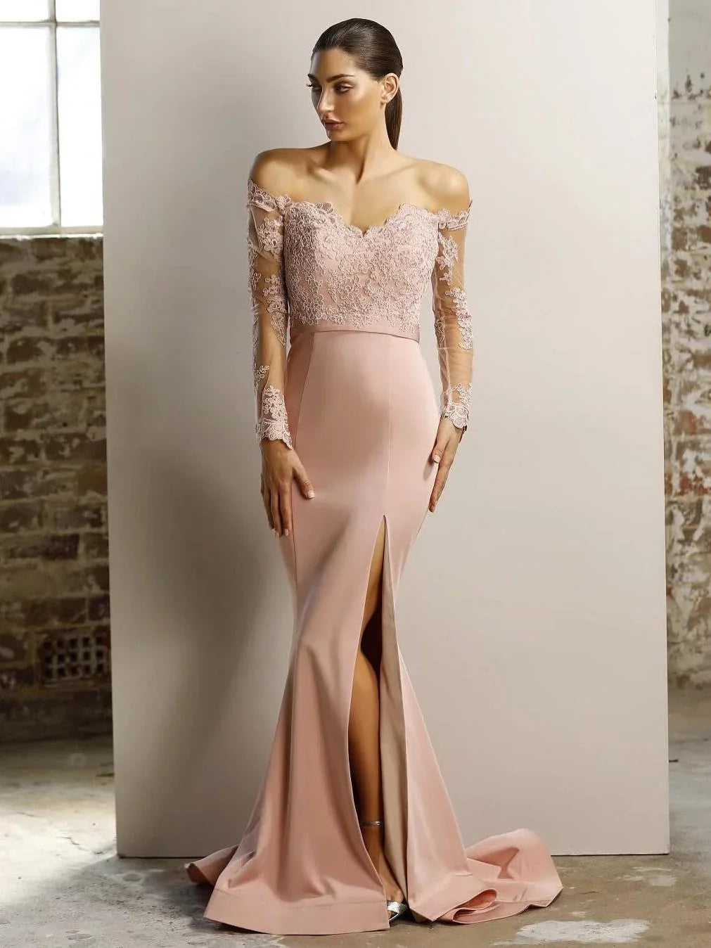 Long Sleeves Lace Prom Dress Off the Shoulder Bridesmaid Dress