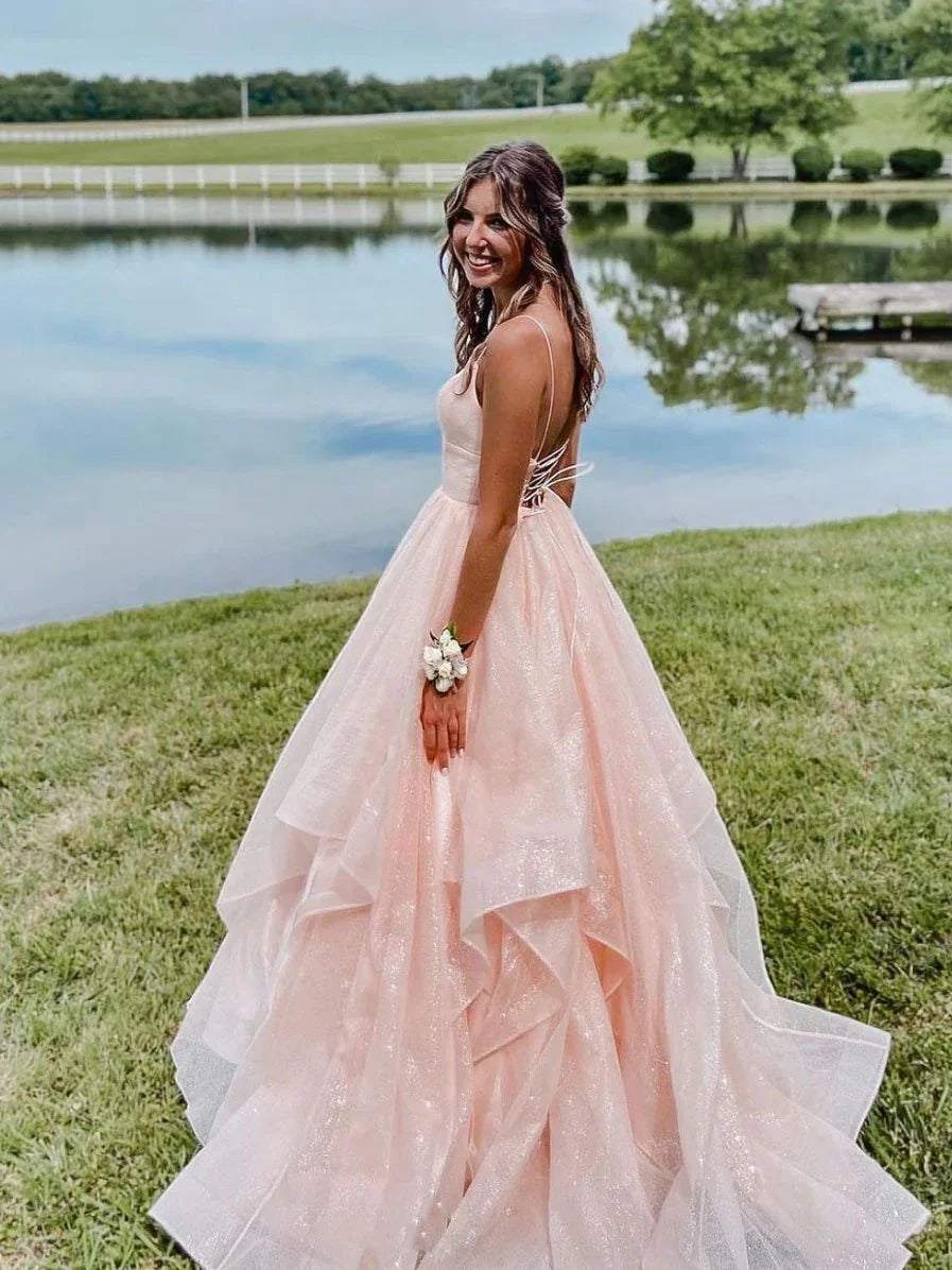 Pink spaghetti straps a line prom dress,layered evening gown,sparkle prom long dress Y1303