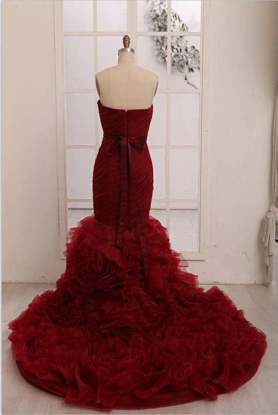 Red mermaid long prom dresses,gorgeous evening dresses,sweetheart strapless evening dresses Y1441