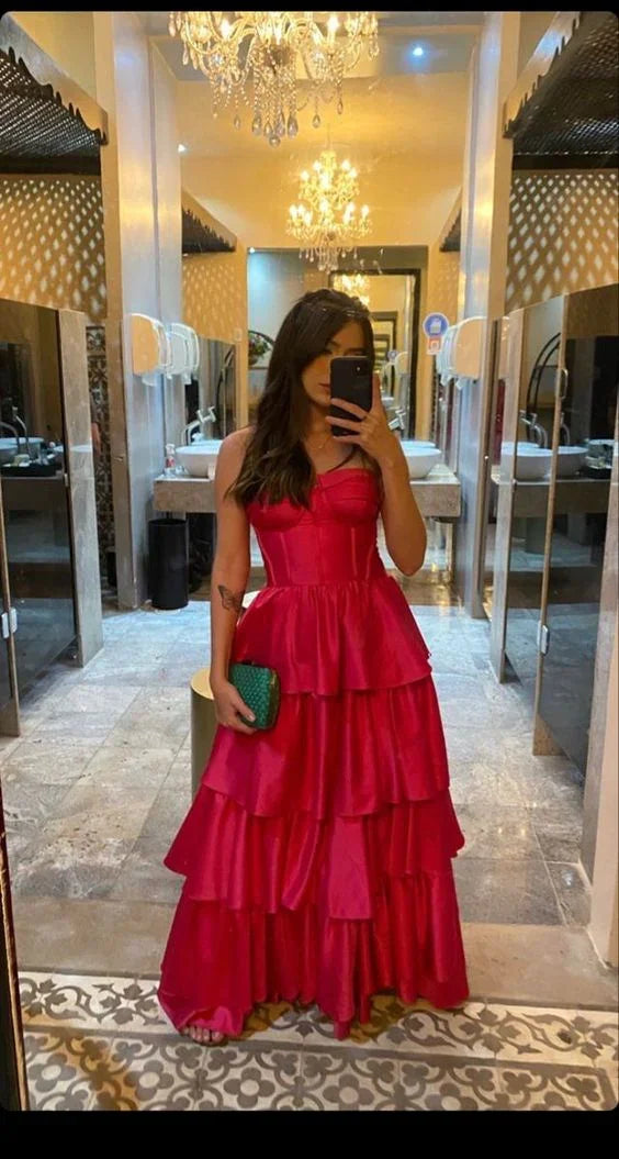 Strapless Long Prom Dresses, Satin Tiered Formal Graduation Evening Dresses Y1236