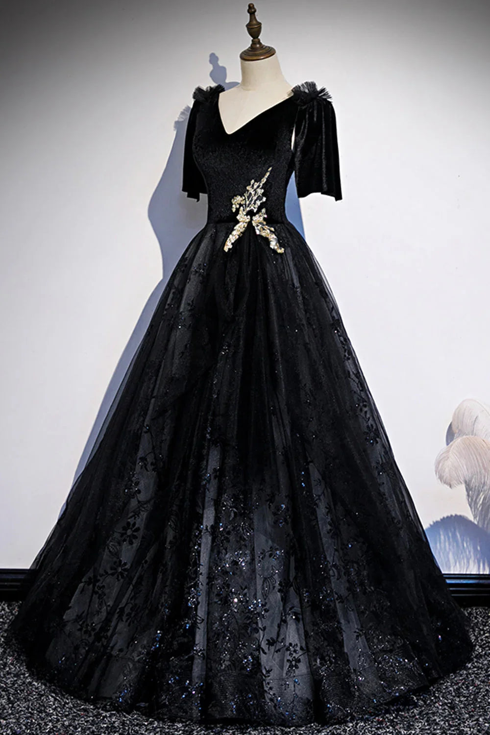 Black velvet lace long prom dress evening dress s103