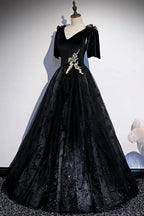 Black velvet lace long prom dress evening dress s103