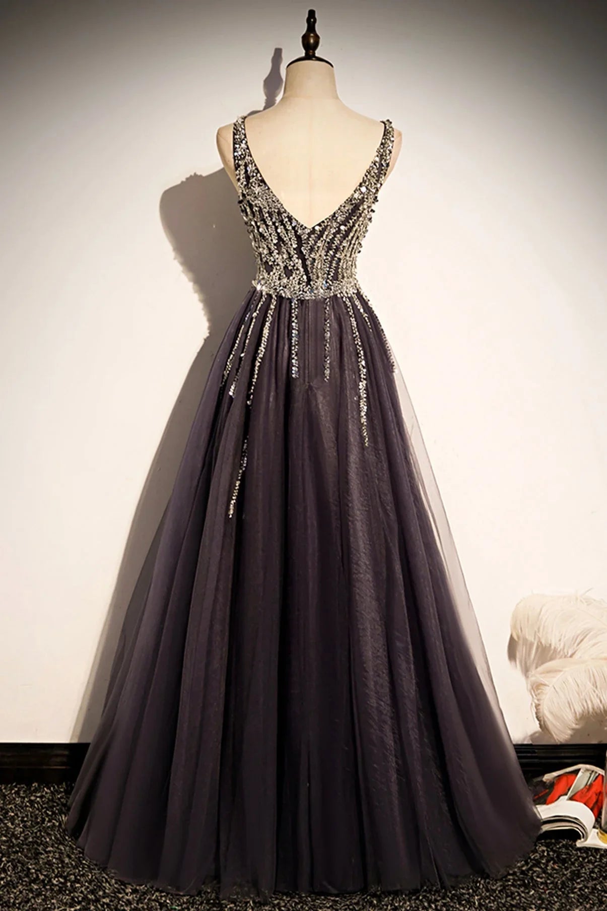 Stylish v neck tulle long prom dress A line evening dress s76