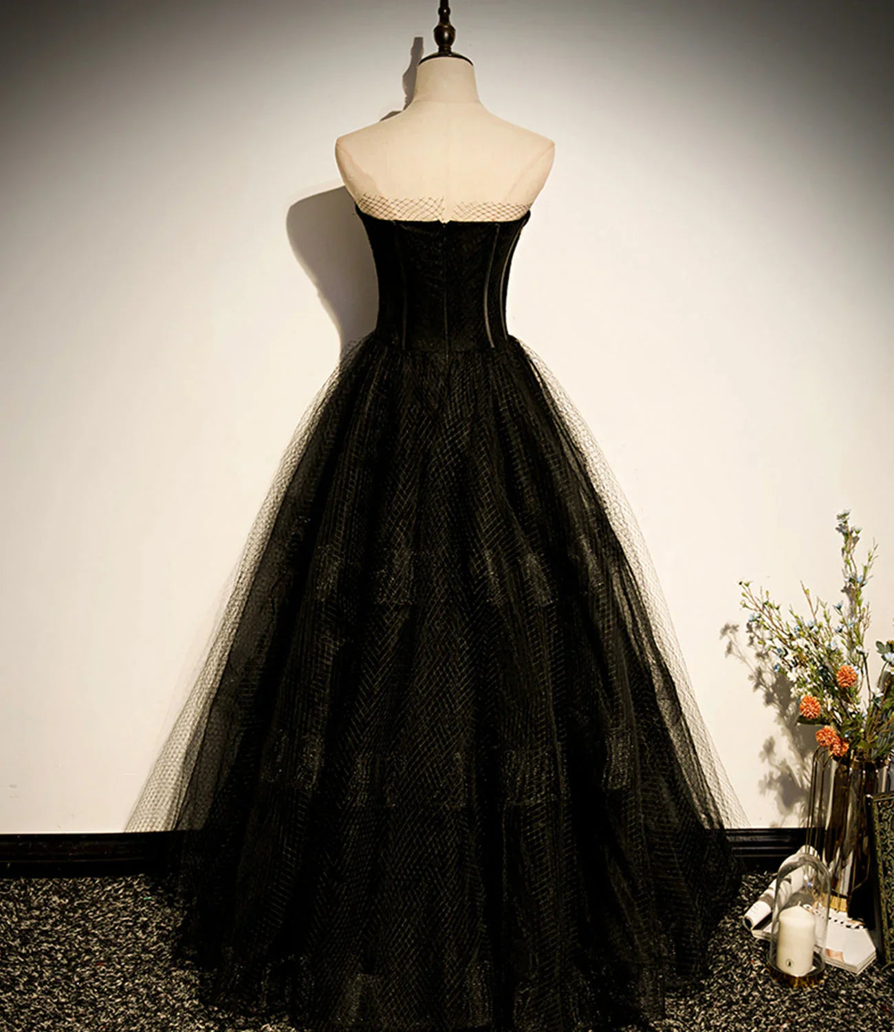 Black tulle long A line prom dress black evening dress s68