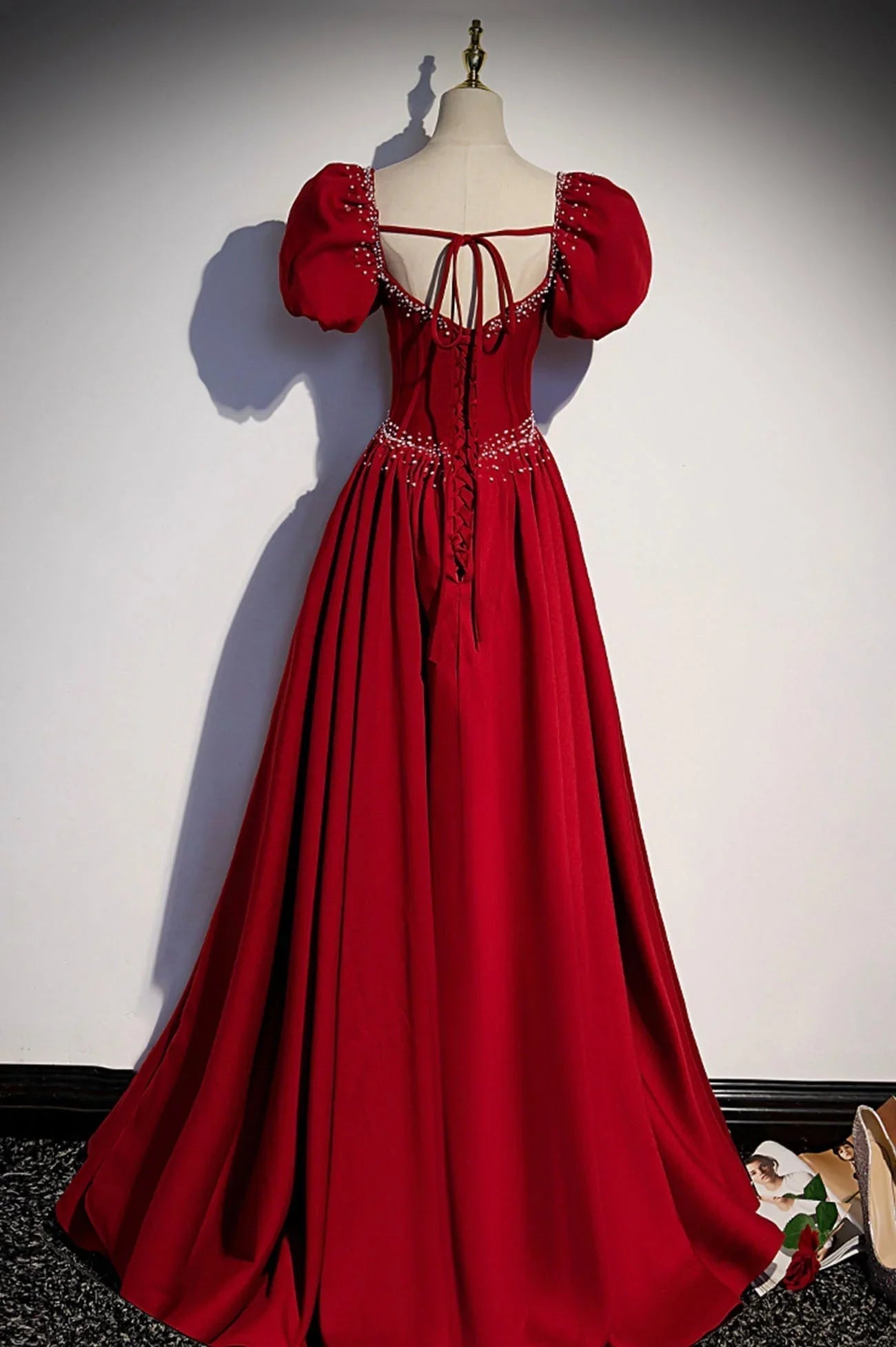 Burgundy A-line satin long prom dress evening dress s85