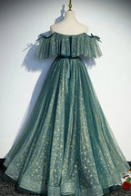 Cute tulle sequins long prom dress A line evening dress s90