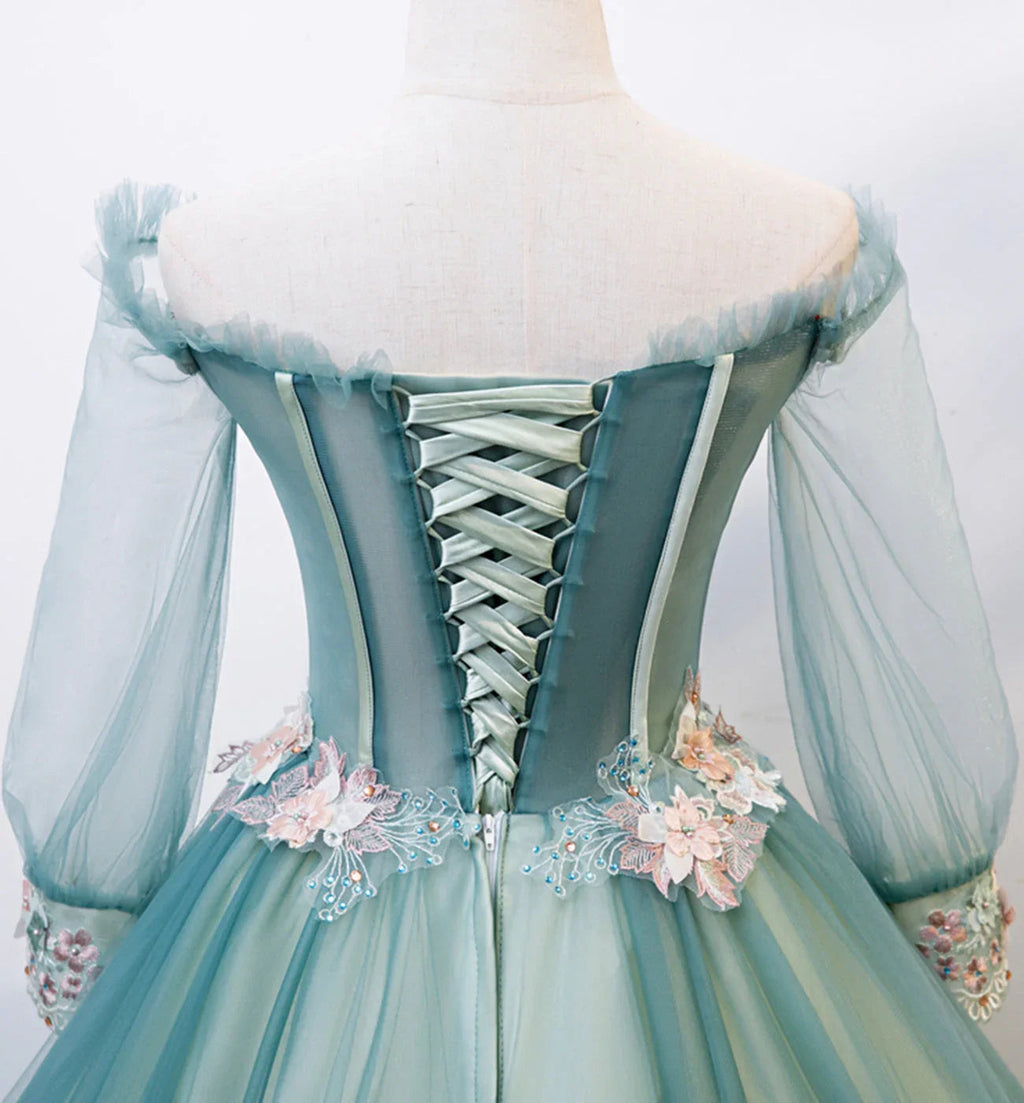 Green tulle lace long ball gown dress formal dress s107