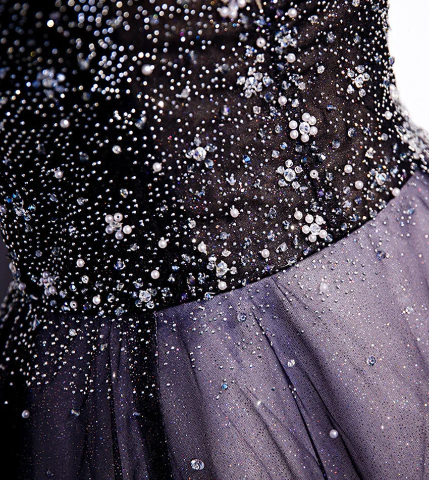 Purple v neck tulle beads long prom dress evening dress s104