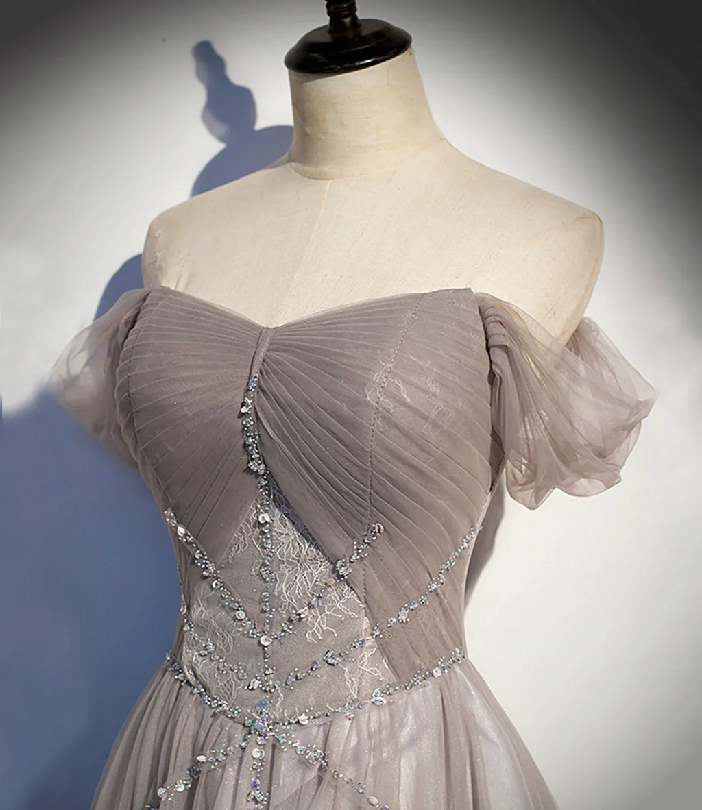 Elegant tulle lace long prom dress A line evening gown s67