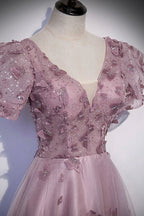 Pink tulle sequins long prom dress pink evening dress s61