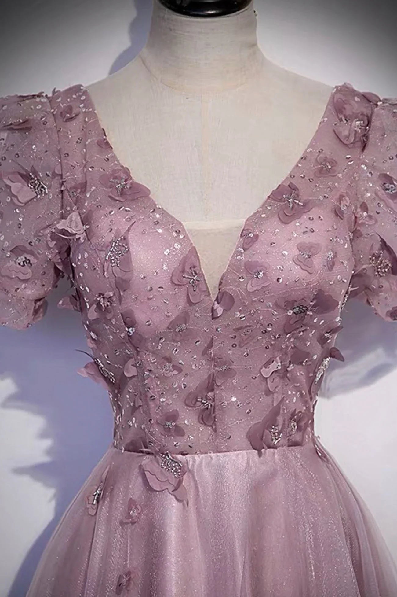 Pink tulle sequins long prom dress pink evening dress s61