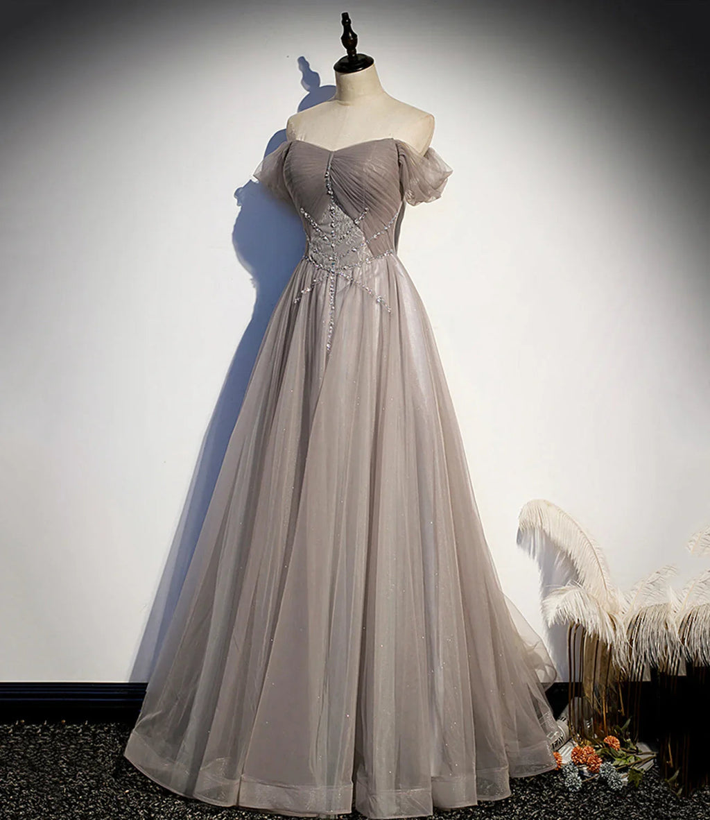 Elegant tulle lace long prom dress A line evening gown s67