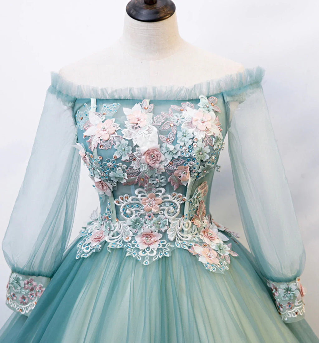 Green tulle lace long ball gown dress formal dress s107