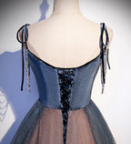 Blue tulle sequins long prom dress evening dress s80