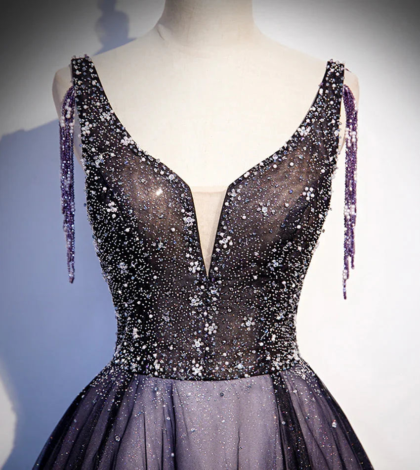 Purple v neck tulle beads long prom dress evening dress s104