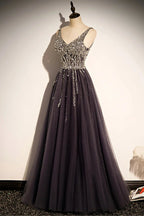 Stylish v neck tulle long prom dress A line evening dress s76