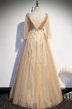 Champagne v neck lace long prom dress A line evening dress s77