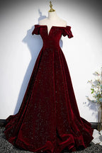 Burgundy velvet long prom dress A line evening dress s53