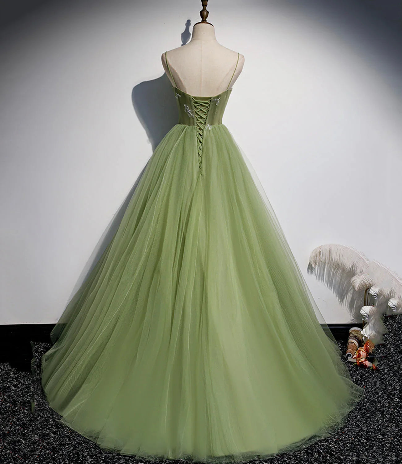 Green tulle long prom dress A line evening dress s56