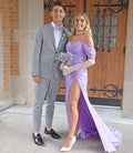 Lilac Off The Shoulder Pleated Side Slit Long Prom Evening Dresses Y1287