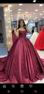 Burgundy Spaghetti Straps Satin Ball Gown A-line Prom Gown  Y1620