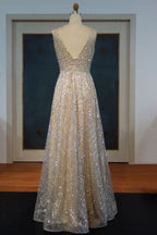 Floor Length A-line Sequined Sleeveless Silver Patterns Prom Dresses