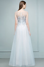 Floor Length A-line Sleeveless Appliqued Flowers Tulle Prom Dresses