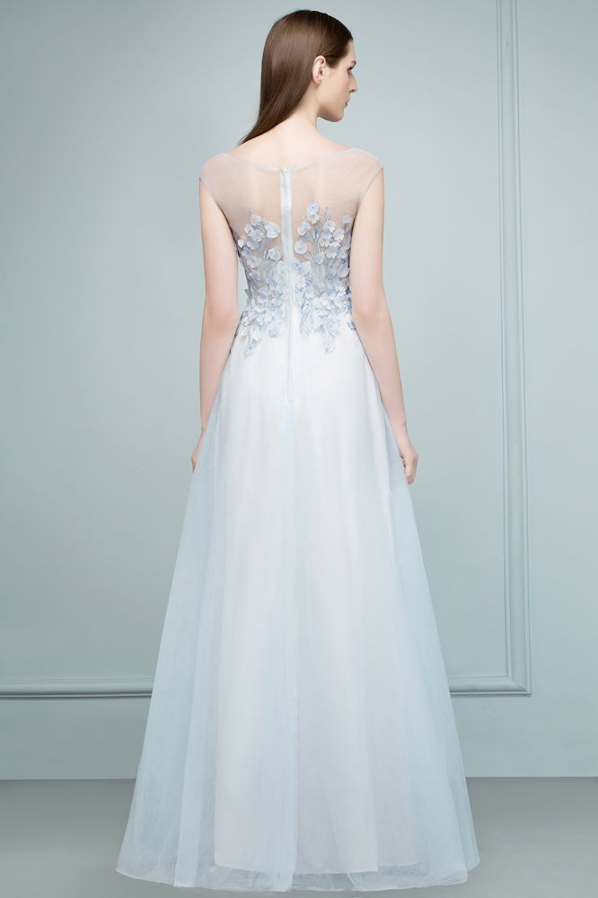 Floor Length A-line Sleeveless Appliqued Flowers Tulle Prom Dresses