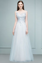 Floor Length A-line Sleeveless Appliqued Flowers Tulle Prom Dresses