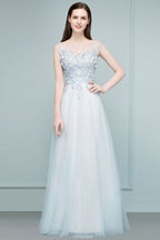 Floor Length A-line Sleeveless Appliqued Flowers Tulle Prom Dresses