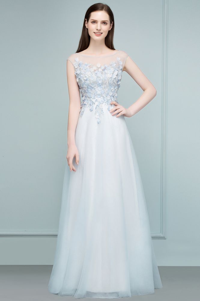 Floor Length A-line Sleeveless Appliqued Flowers Tulle Prom Dresses