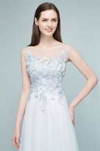 Floor Length A-line Sleeveless Appliqued Flowers Tulle Prom Dresses