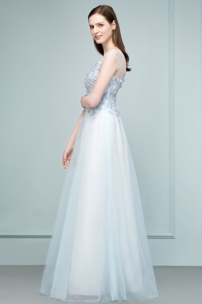 Floor Length A-line Sleeveless Appliqued Flowers Tulle Prom Dresses