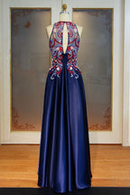 Floor Length A-line Sleeveless Crew Appliqued Prom Dresses