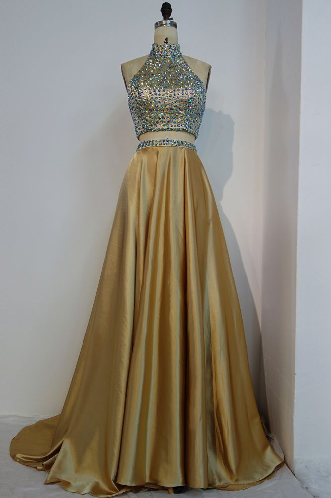 Floor Length A-line Two-piece Halter Prom Dresses with Crystals