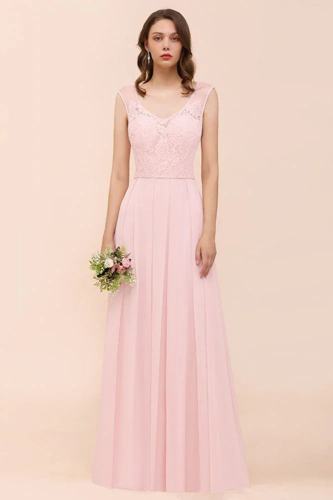 Floral Lace Bridesmaid Dress Pink A-line Wedding Party Dress
