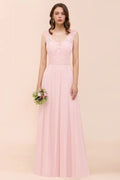 Floral Lace Bridesmaid Dress Pink A-line Wedding Party Dress