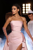 Flushing Pink Sweetheart Front Slit A-Line Satin Prom Dress with Sheen