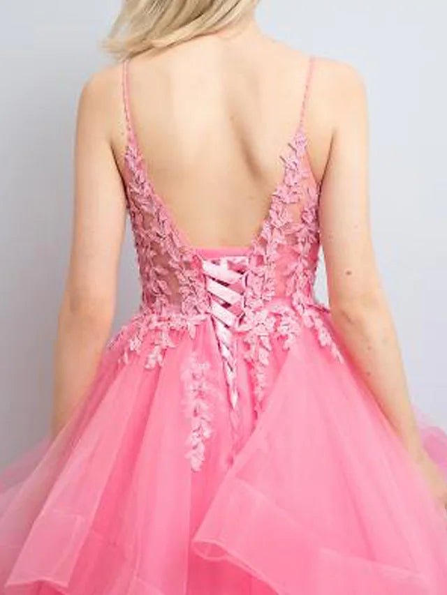A-Line Prom Dresses Princess Dress Formal Floor Length Sleeveless V Neck Tulle Backless with Pleats Appliques