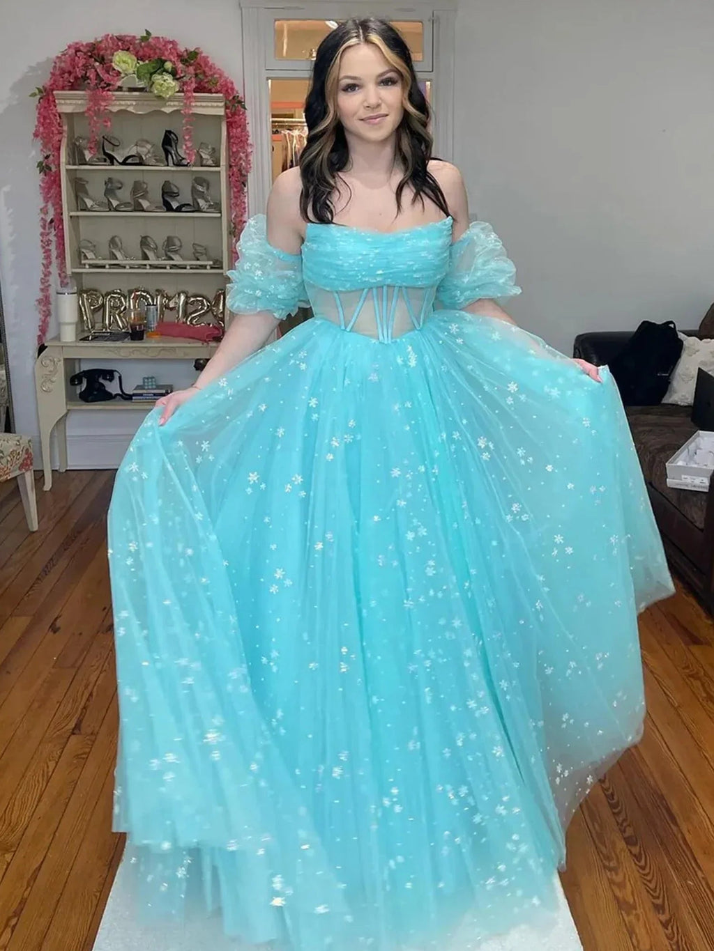 Francis | Aqua Blue Strapless A Line Tulle Starry Long Prom Dress