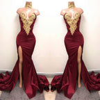Front-Split High Neck Mermaid Burgundy Lace Appliques Prom Dresses