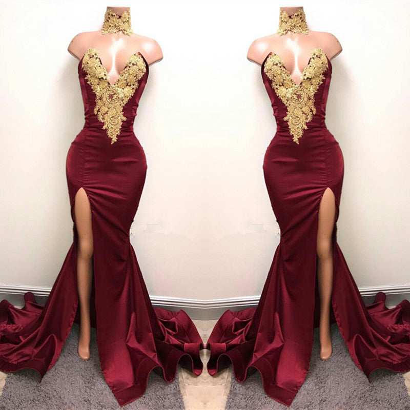 Front-Split High Neck Mermaid Burgundy Lace Appliques Prom Dresses