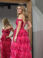 A Line Off the Shoulder Corset Prom Dress with Lace Ruffles