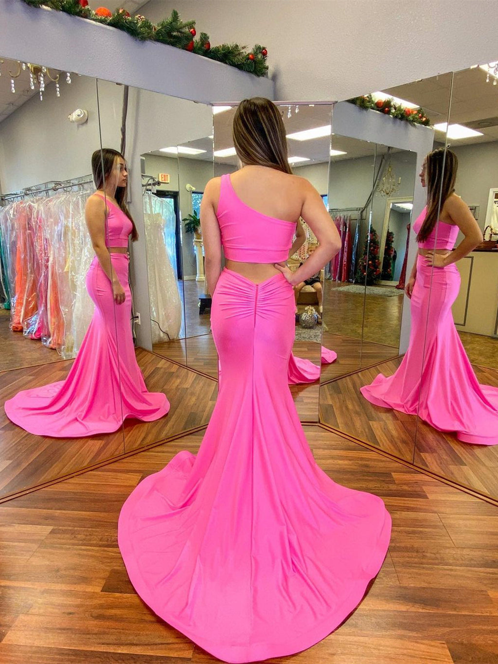 Fuchsia Two Pieces Mermaid One Shoulder Prom Dress Long Formal Graduation Evening Dresses