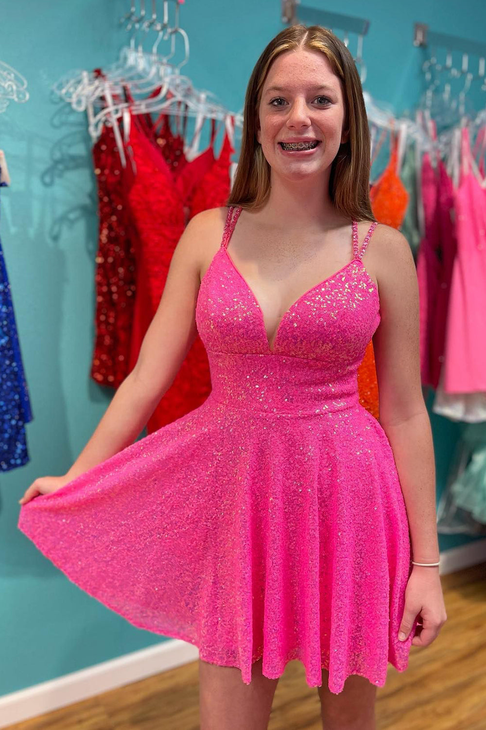 A-Line Double Straps Sequins Homecoming Dress