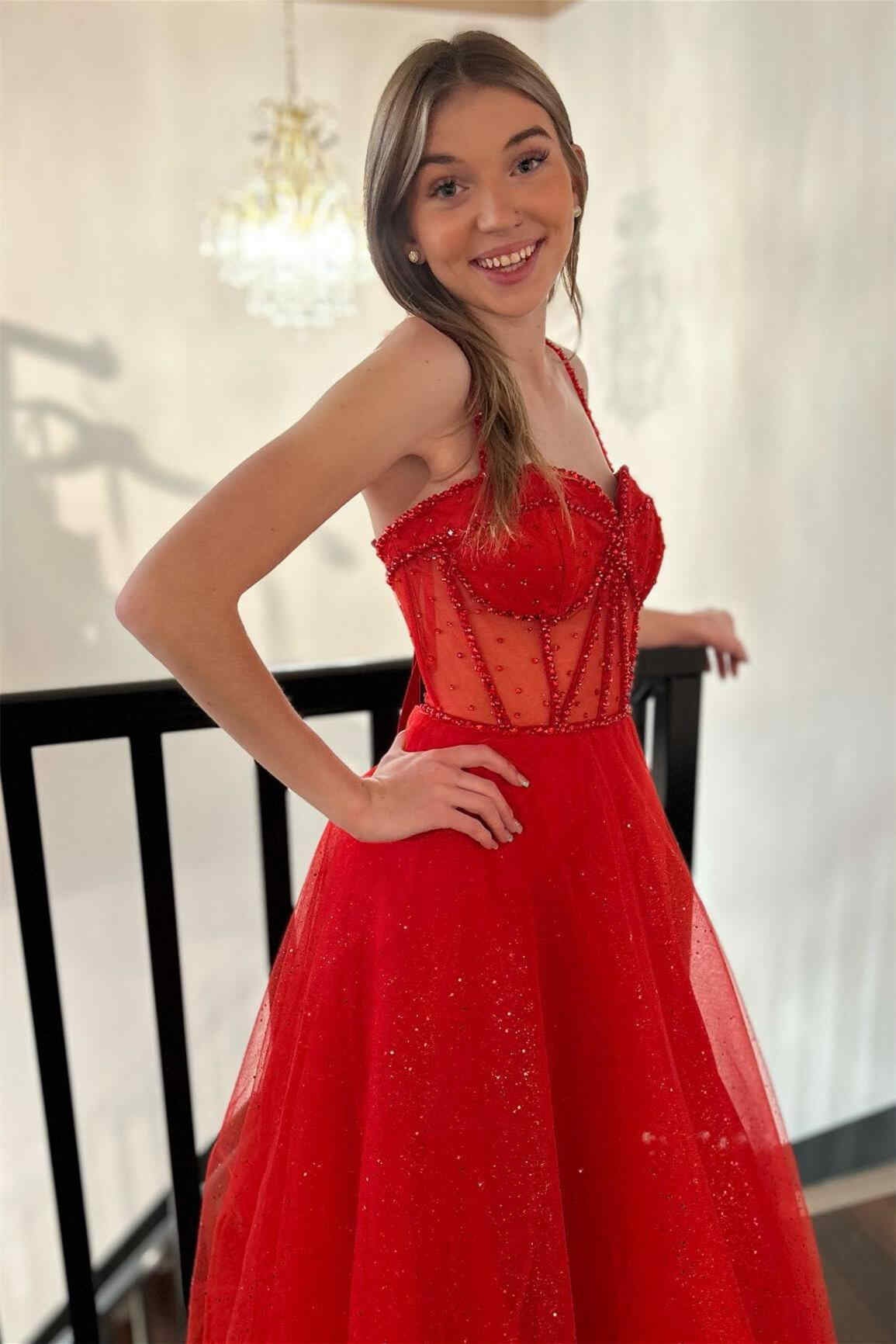 Glitter Straos Beaded A-Line Formal Dress with Slit